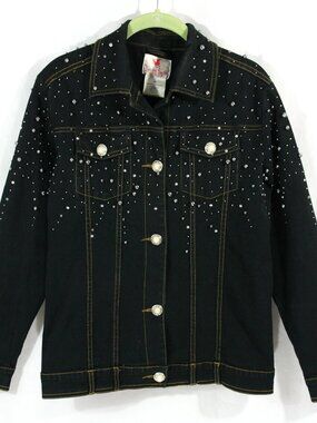 Quaker Factory Beaded Rhinestone Cotton Black Denim Jean Jacket S XS